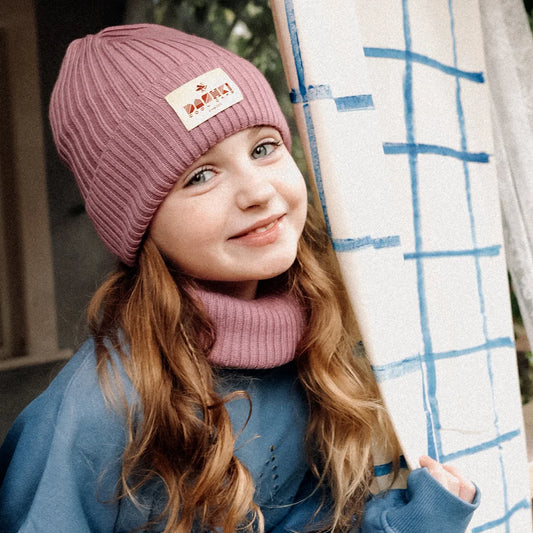 Komplet czapka + komin dla dzieci i młodzieży Merino Crew Heather Pink